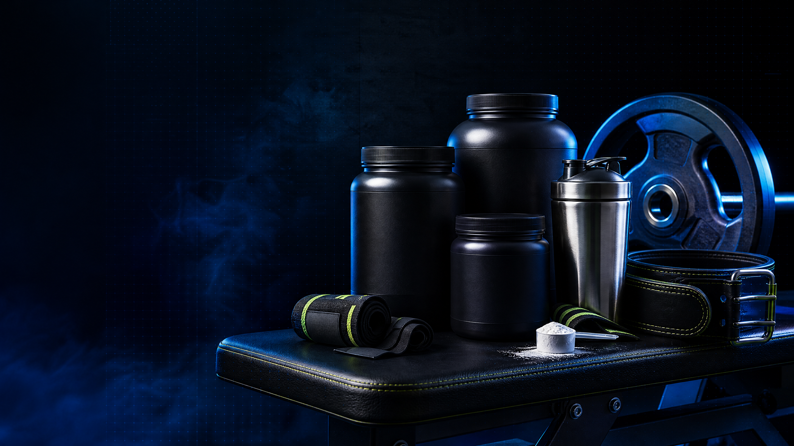 Unbranded supplements, shaker, lifting belt and plates in a cobalt performance gym